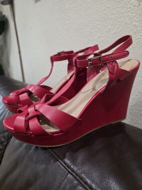 Brash Pink T-Strap Wedge Sandals